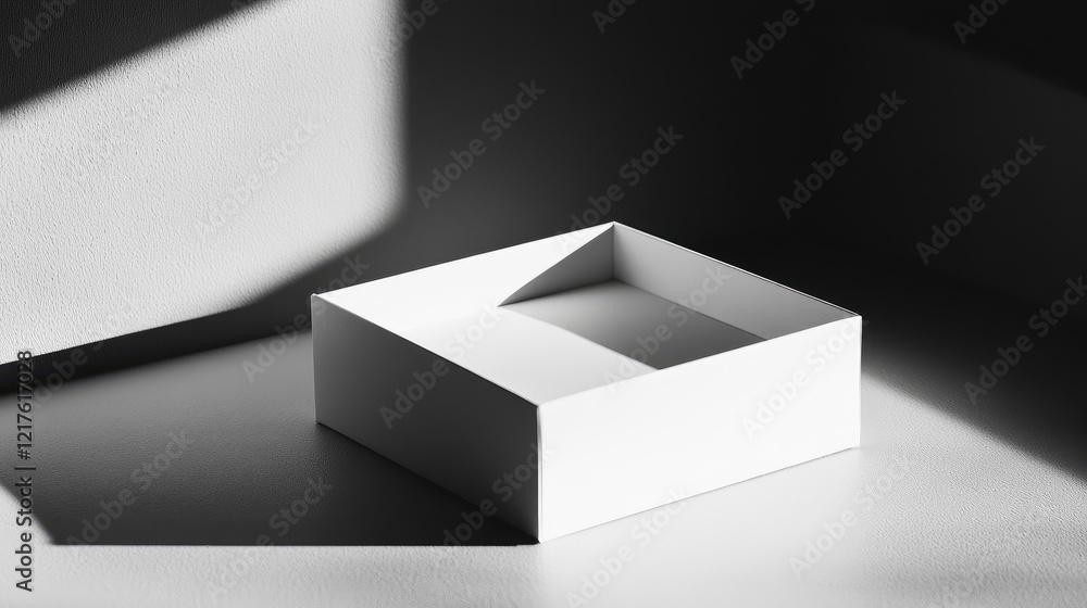 Poster minimalist white box with an open top casting geometric shadows on a textured surface copy space