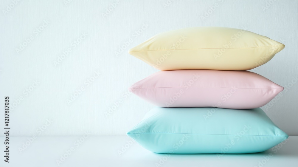 Poster pastel colored pillows stacked on a white background with ample copy space for text placement.