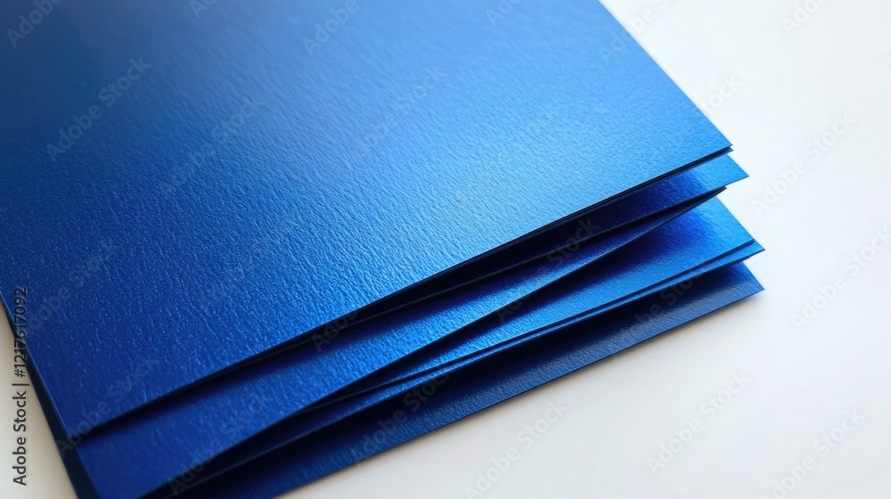 Poster blue textured paper sheets stacked on a light background with copy space for text
