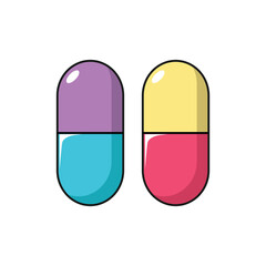 Pharmacy and medical icons. Capsule, pill, and tablet vector designs. Outline, line, and filled versions. Healthcare symbol and logo illustration