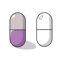 Pharmacy and medical icons. Capsule, pill, and tablet vector designs. Outline, line, and filled versions. Healthcare symbol and logo illustration