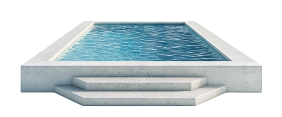 Modern rectangular swimming pool with clean water and concrete steps, isolated on transparent cutout background