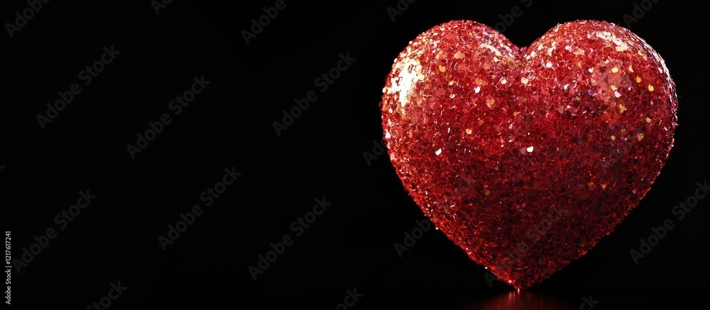 Poster glittering red heart on black background with ample copy space for text placement