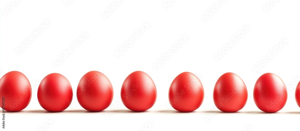 Poster row of vibrant red eggs on a white background with ample copy space for text placement.