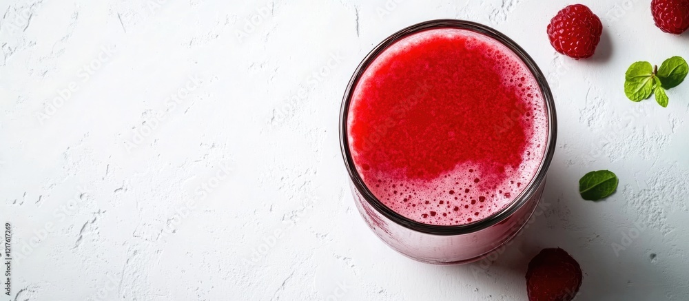 Poster refreshing raspberry juice in a glass with mint leaves on a white textured surface with copy space f