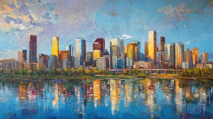 Fototapeta premium Denver Skyline Reflection: A Vibrant Cityscape at Dawn