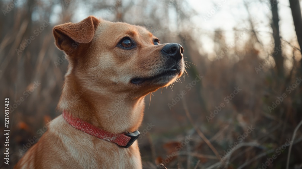 Poster close-up profile of a tan dog in a natural outdoor setting with a blurred background and copy space 