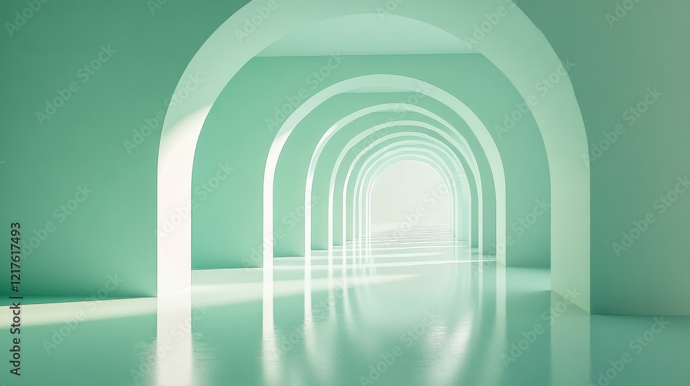 Poster modern minimalist hallway with arches in soft green tones and reflective floor. copy space available