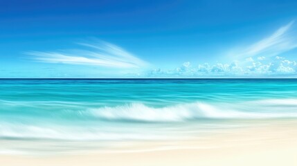 Obraz premium Tropical beach seascape with gentle waves and clear blue sky featuring copy space for text placement