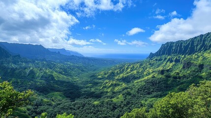 Naklejka premium Lush green valley landscape with mountains and ocean view under a blue sky and clouds Copy Space