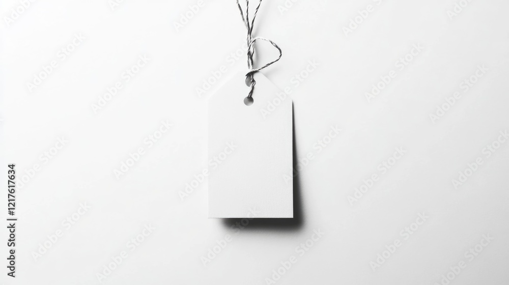 Poster blank price tag hanging on string with copy space for text on white background