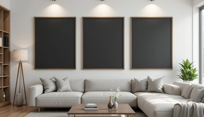 Three Frame mockup, ISO A paper size. Living room wall poster mockup. Interior mockup with house background. Modern interior design. 3D render