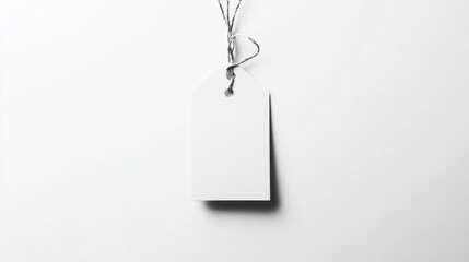 Blank price tag hanging on string with copy space for text on white background