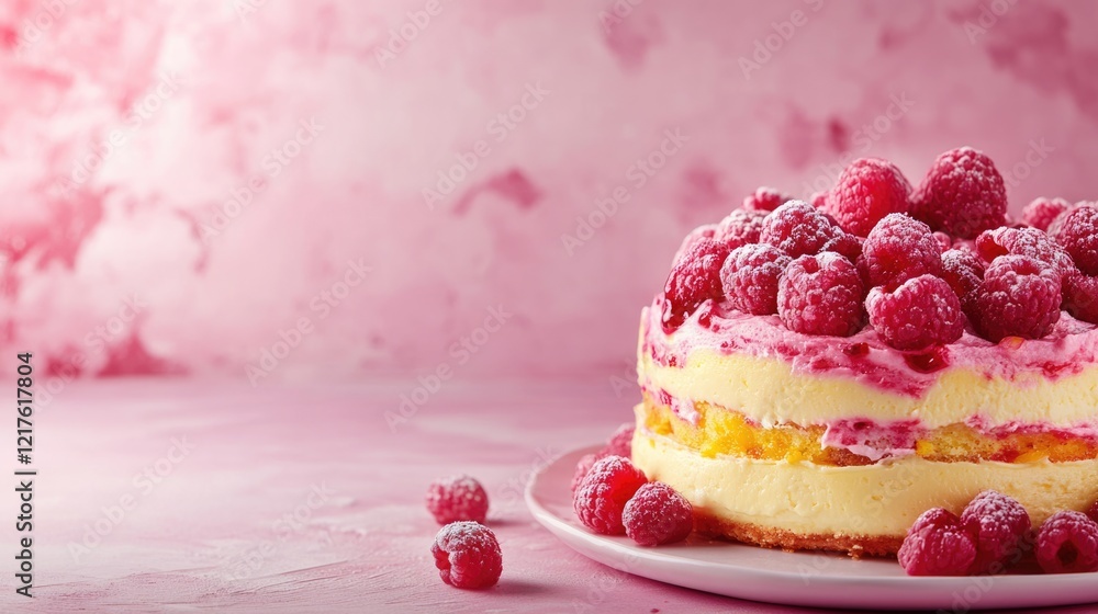 Poster raspberry layered cake with creamy frosting and fresh raspberries on a pink background with copy spa
