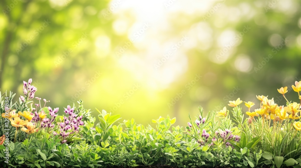 Poster flowering plants in lush green garden with copy space for text and soft background light bokeh effec