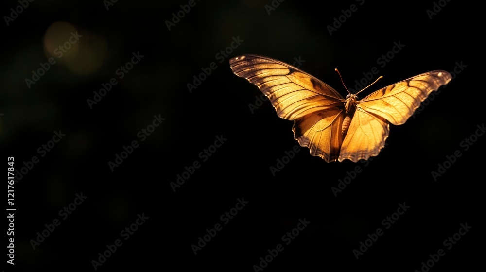 Poster Golden butterfly in flight against a dark background with Copy Space for text placement.