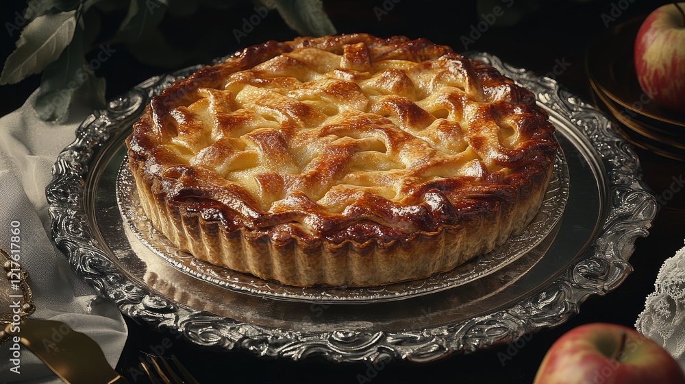 Poster apple pie on a silver platter surrounded by apples and elegant tableware with soft lighting and dark