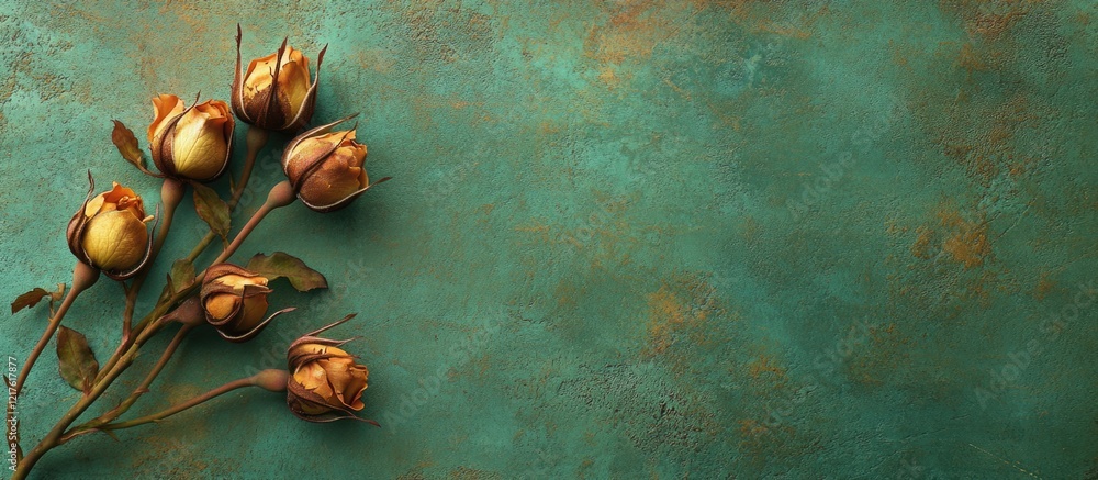 Poster dried roses on a textured teal background with copy space for text insertion
