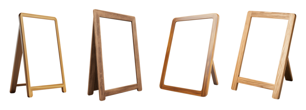 Set of Wooden frame sandwich boards, blank mockup, isolated against transparent background