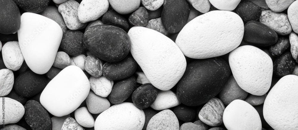 Poster black and white smooth pebbles background with various shapes and sizes copy space