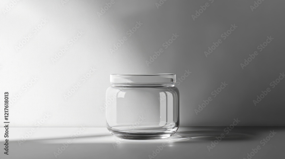 Poster transparent glass jar with water and soft shadows on a minimalistic background showcasing copy space