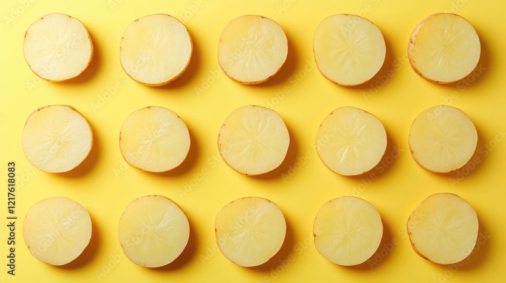 Poster sliced lemons arranged in a grid pattern on a bright yellow background with copy space for text or d