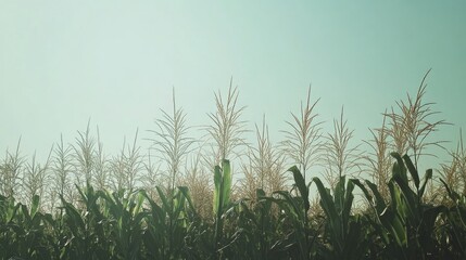 Green cornfield with tall sugarcane plants against a soft blue sky and sunlight. Copy Space available for text.