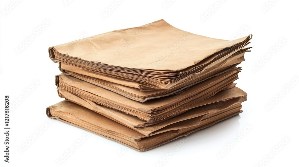 Poster stack of old brown paper sheets with textured surfaces on a white background copy space
