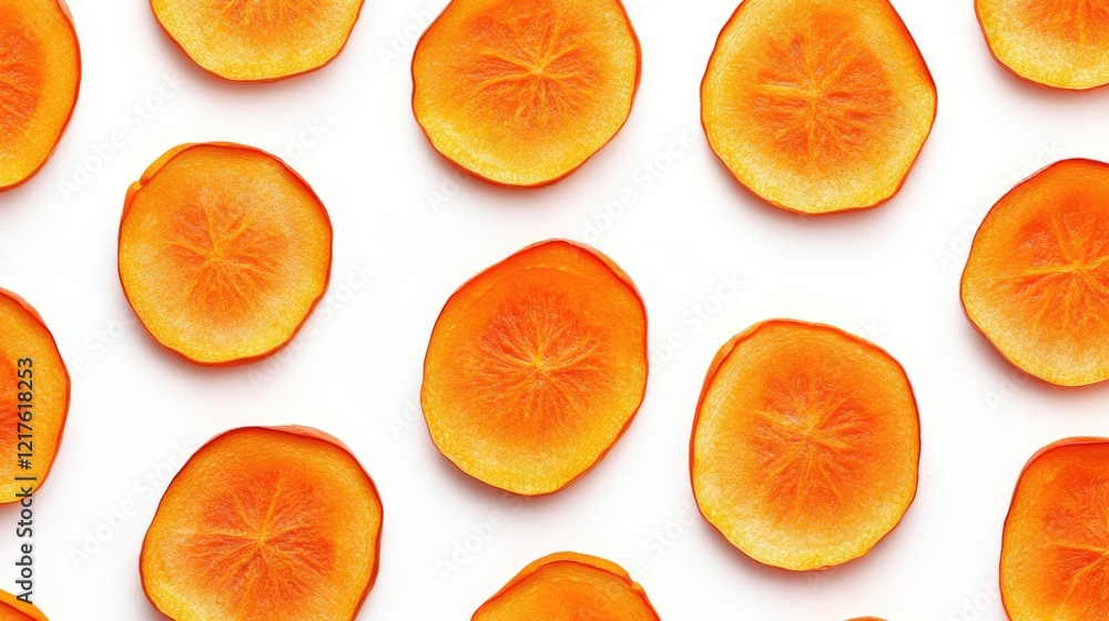 Poster slices of dried orange fruit arranged in a seamless pattern on a white background with copy space