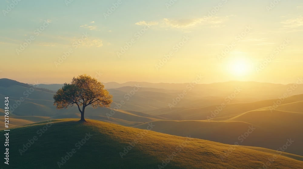 Poster lonely tree on a hilltop during golden hour sunlight with soft rolling hills in the background and c