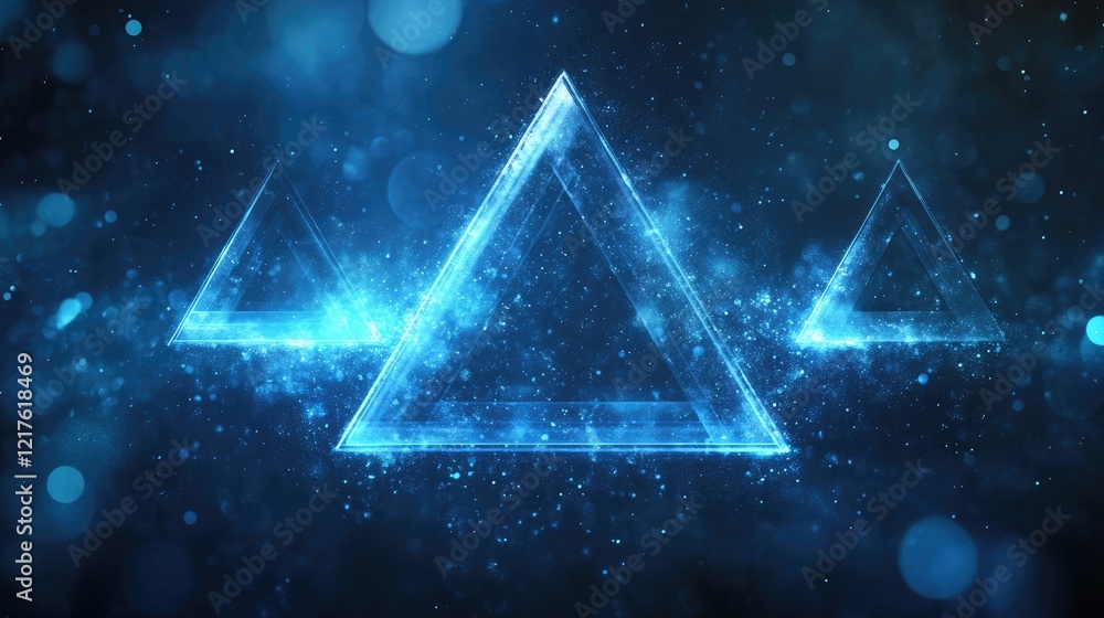 Poster abstract glowing blue triangular shapes in a dark background with sparkles and light effects, suitab
