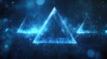 Abstract glowing blue triangular shapes in a dark background with sparkles and light effects, suitable for technology or digital themes. Copy Space.