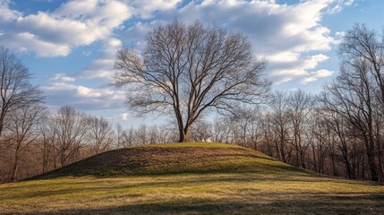 Fototapeta premium Lonely tree on a grassy hill with bare branches under a cloudy sky in a rural landscape Copy Space