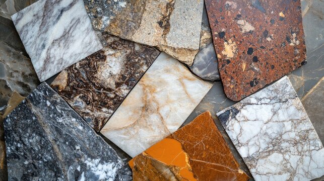 Collection of assorted natural stone samples including marbles and granites arranged on a surface with Copy Space