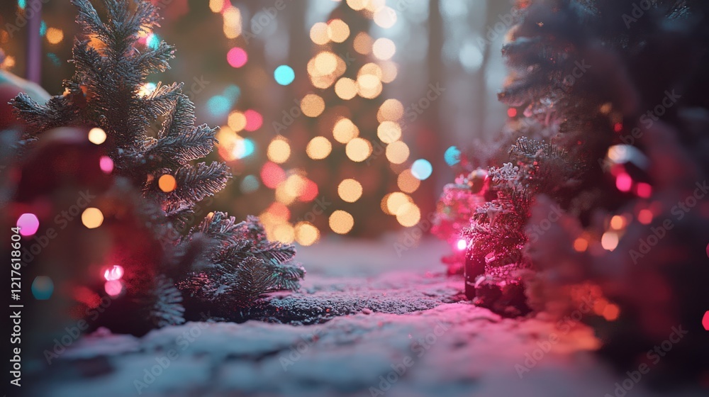 Poster christmas winter scene with illuminated trees and colorful bokeh lights in a snowy outdoor setting c