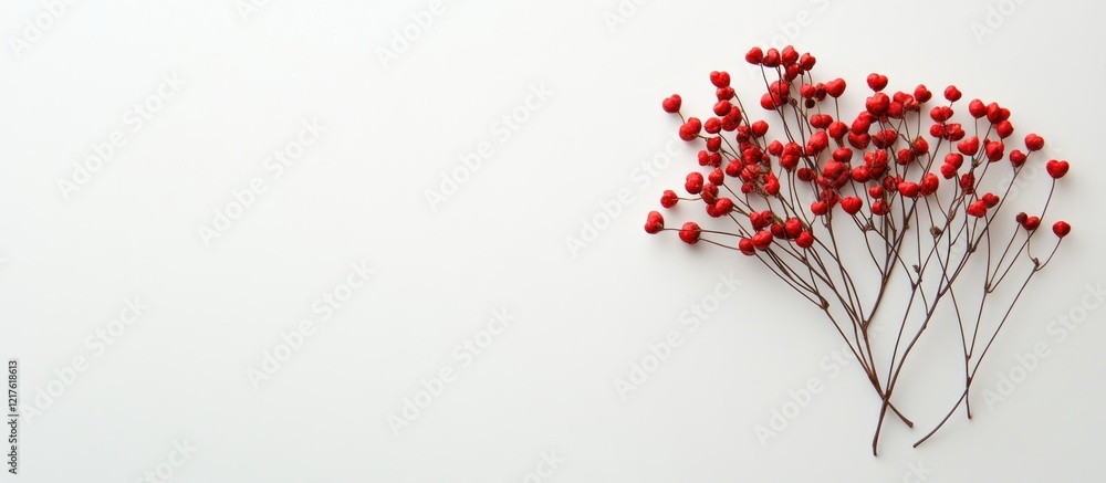 Poster red berries on thin branches arranged on a light background with copy space for text or graphic elem