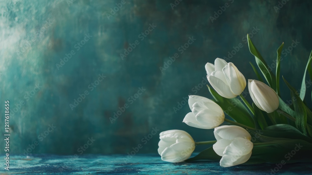 Aufkleber white tulips on a turquoise textured background with green leaves and ample copy space for text plac