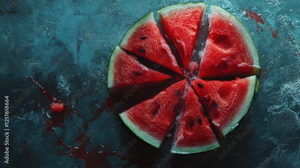 Poster freshly sliced watermelon on a textured surface with juice stains and copy space for text placement.