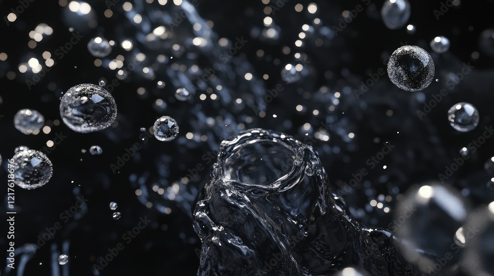 Poster water droplets and splashes with bubbles in high resolution on a dark background copy space