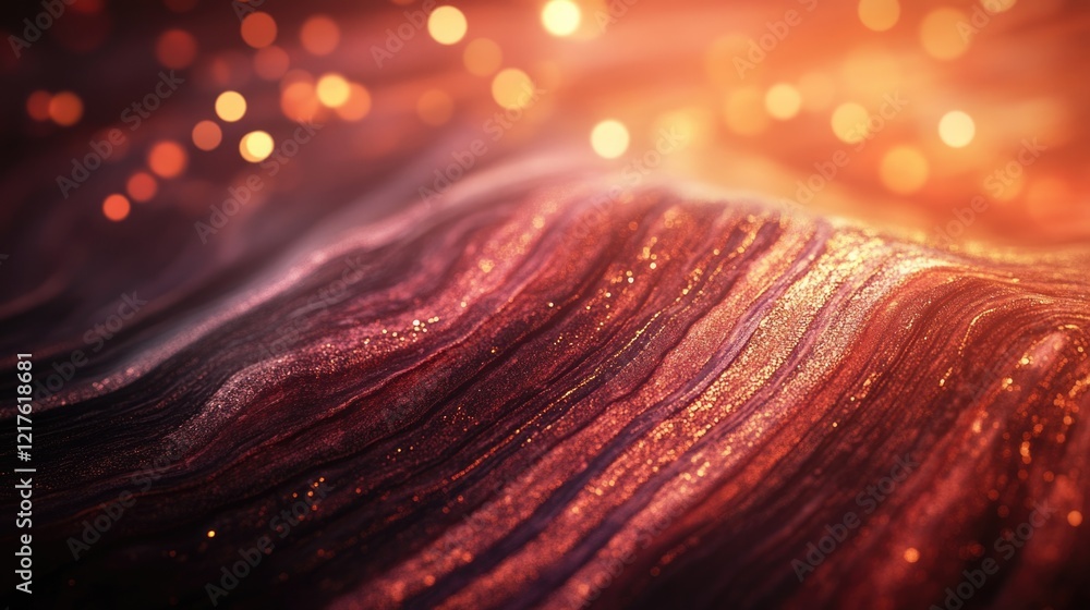 Poster abstract shimmering waves with glowing particles in warm colors and soft focus, suitable for backgro
