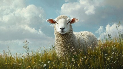Fluffy sheep standing in a grassy field under a cloudy sky with Copy Space for text input