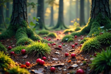 forest floor covered with pine needles and red berries, scenery, winter