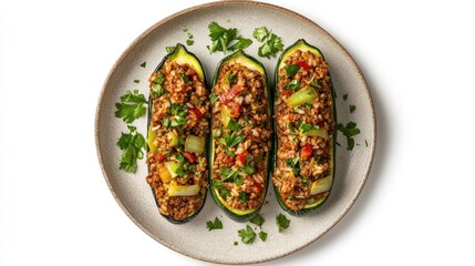 Stuffed zucchini boats with ground meat and vegetables garnished with fresh herbs on a white plate with Copy Space