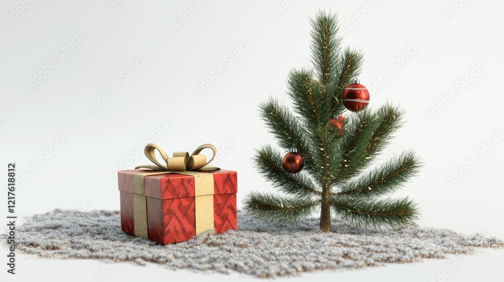 Poster christmas tree with decorations and a gift box on a textured surface with copy space for text placem