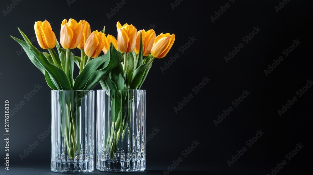 Poster yellow tulips in crystal vases on dark background with copy space for text insertion