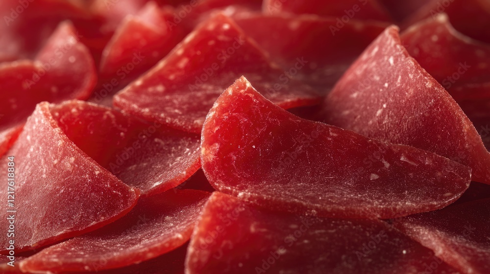 Poster Close-up of thinly sliced cured meat with a glossy texture and rich red color arranged in overlapping layers on a dark surface Copy Space