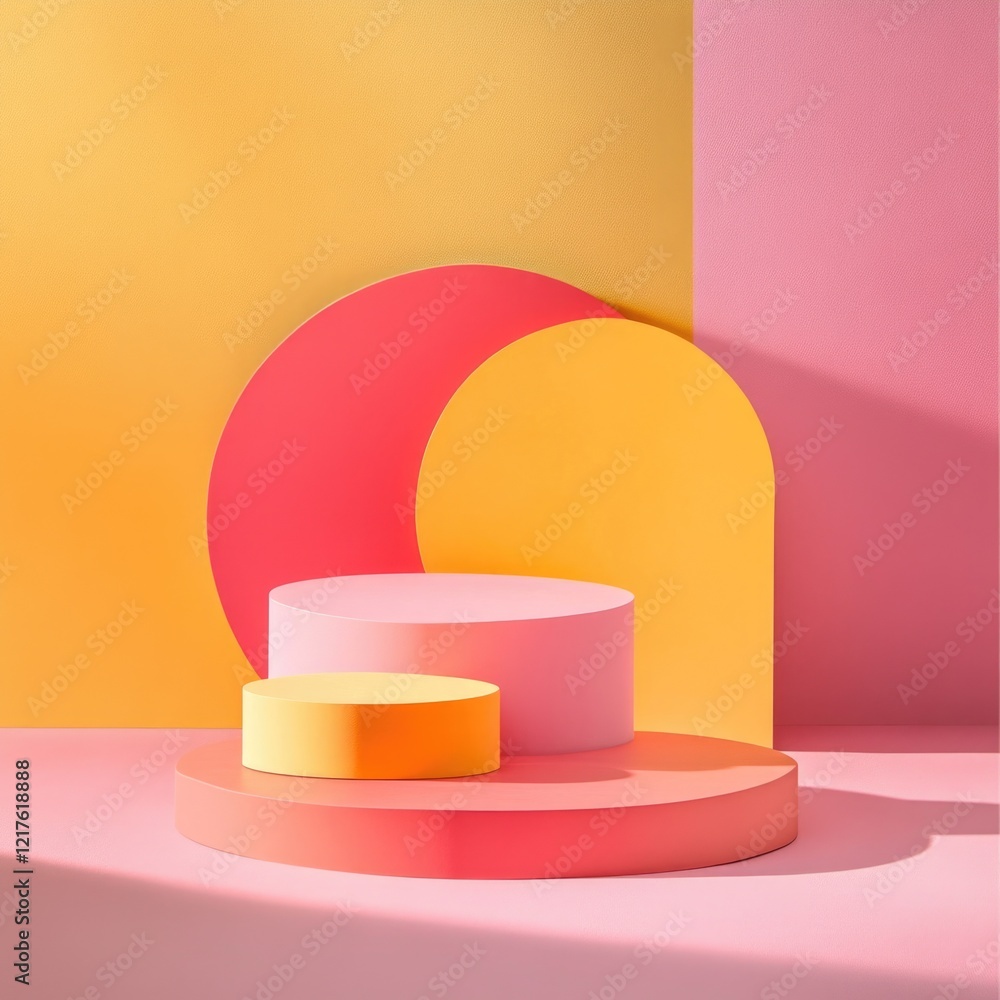 Aufkleber geometric shapes in vibrant pink and yellow hues displayed against a solid backdrop with copy space 