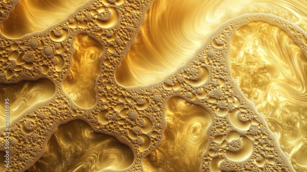 Poster abstract golden texture with intricate patterns and bubbles resembling fluid dynamics copy space