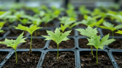 Obraz premium Rows of young maple saplings growing in seedling trays with rich dark soil Copy Space