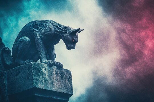 A dark, gothic-style cat statue perched atop a stone structure against a stormy sky.